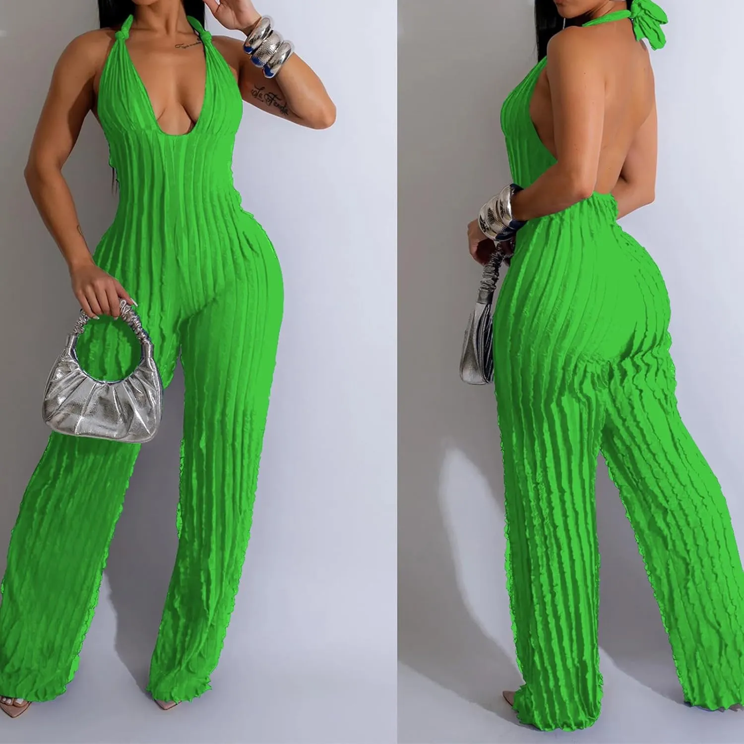 Summer Halter Backless Jumpsuits for Women Sexy See Through V Neck Tie Pleated One Piece Wide Leg Long Pants Romper