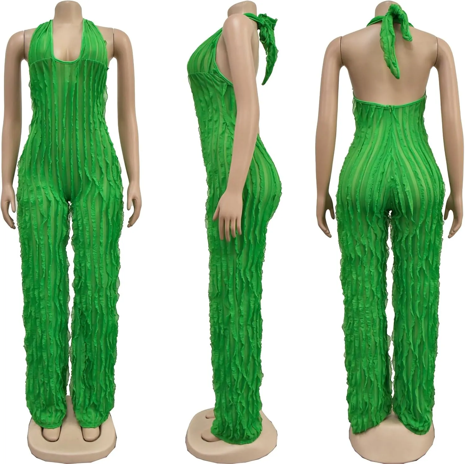 Summer Halter Backless Jumpsuits for Women Sexy See Through V Neck Tie Pleated One Piece Wide Leg Long Pants Romper