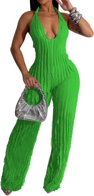 Summer Halter Backless Jumpsuits for Women Sexy See Through V Neck Tie Pleated One Piece Wide Leg Long Pants Romper
