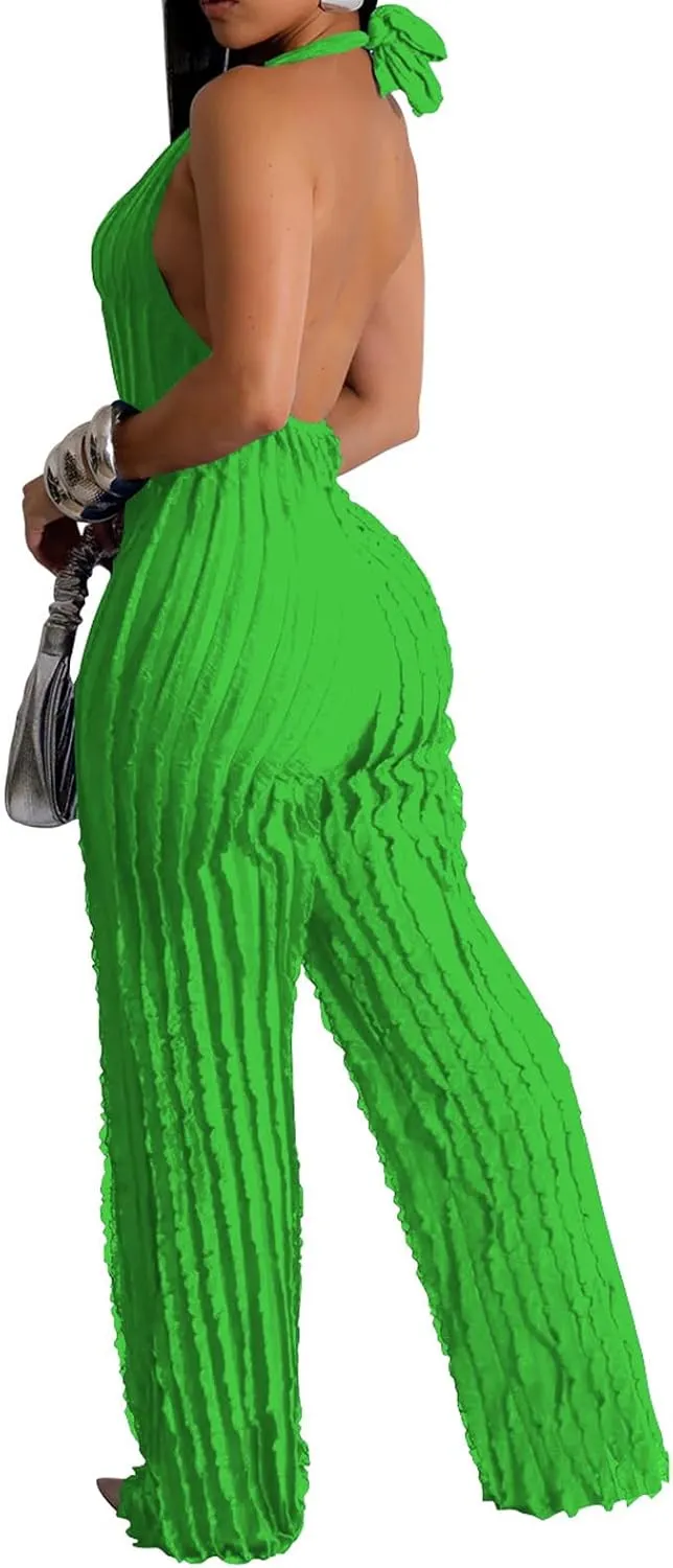 Summer Halter Backless Jumpsuits for Women Sexy See Through V Neck Tie Pleated One Piece Wide Leg Long Pants Romper