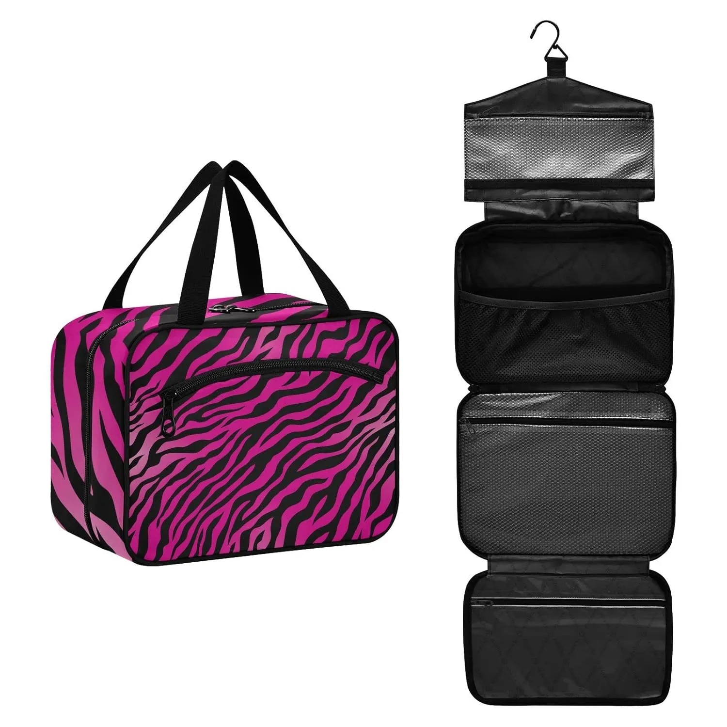 susiyo Pink Animal Zebra Print Toiletry Bags with Hanging Hook Foldable Cosmetic Bag Travel Accessories - Medium