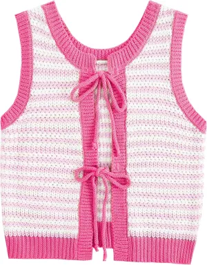 Sweater Vest Women Casual Sleeveless Crochet Tops Color Block Tie Back Knit Tank Tops