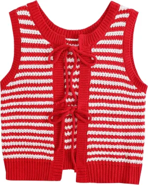 Sweater Vest Women Casual Sleeveless Crochet Tops Color Block Tie Back Knit Tank Tops