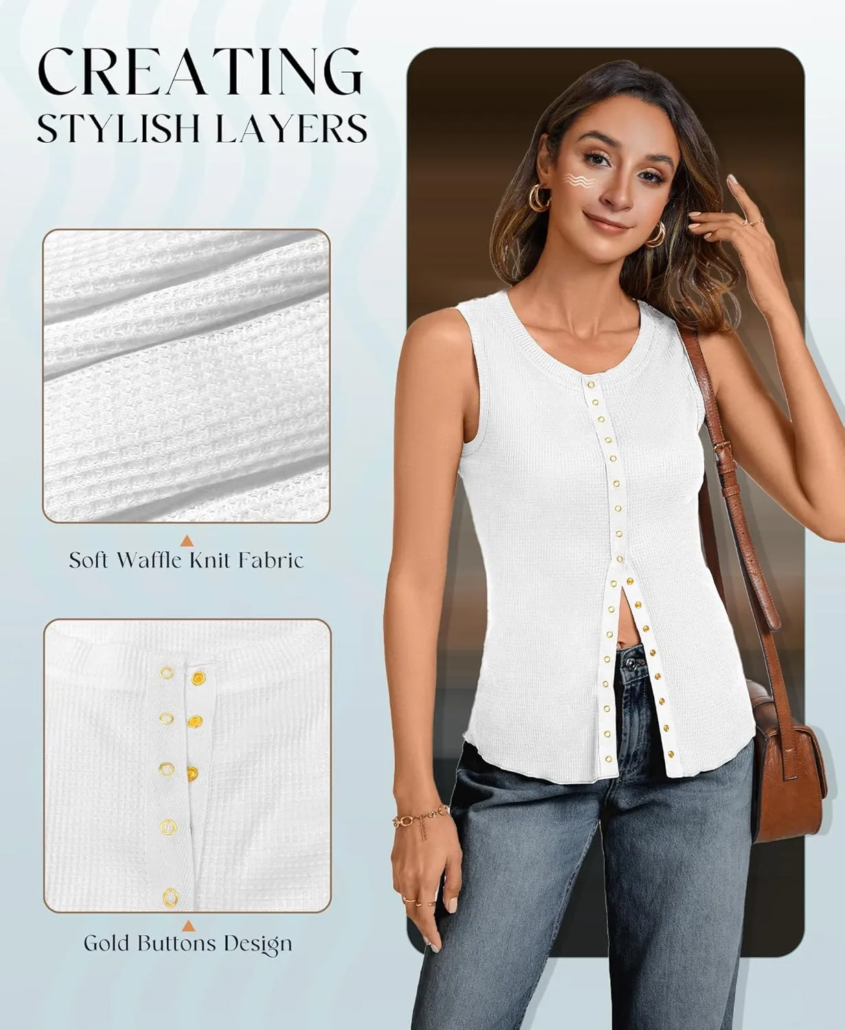 Tank Tops for Women Dressy - Waffle Knit Vest Shirts Snap Button Down Sleeveless Blouse Summer Casual Going Out Top