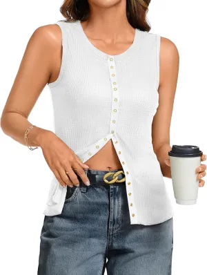 Tank Tops for Women Dressy - Waffle Knit Vest Shirts Snap Button Down Sleeveless Blouse Summer Casual Going Out Top