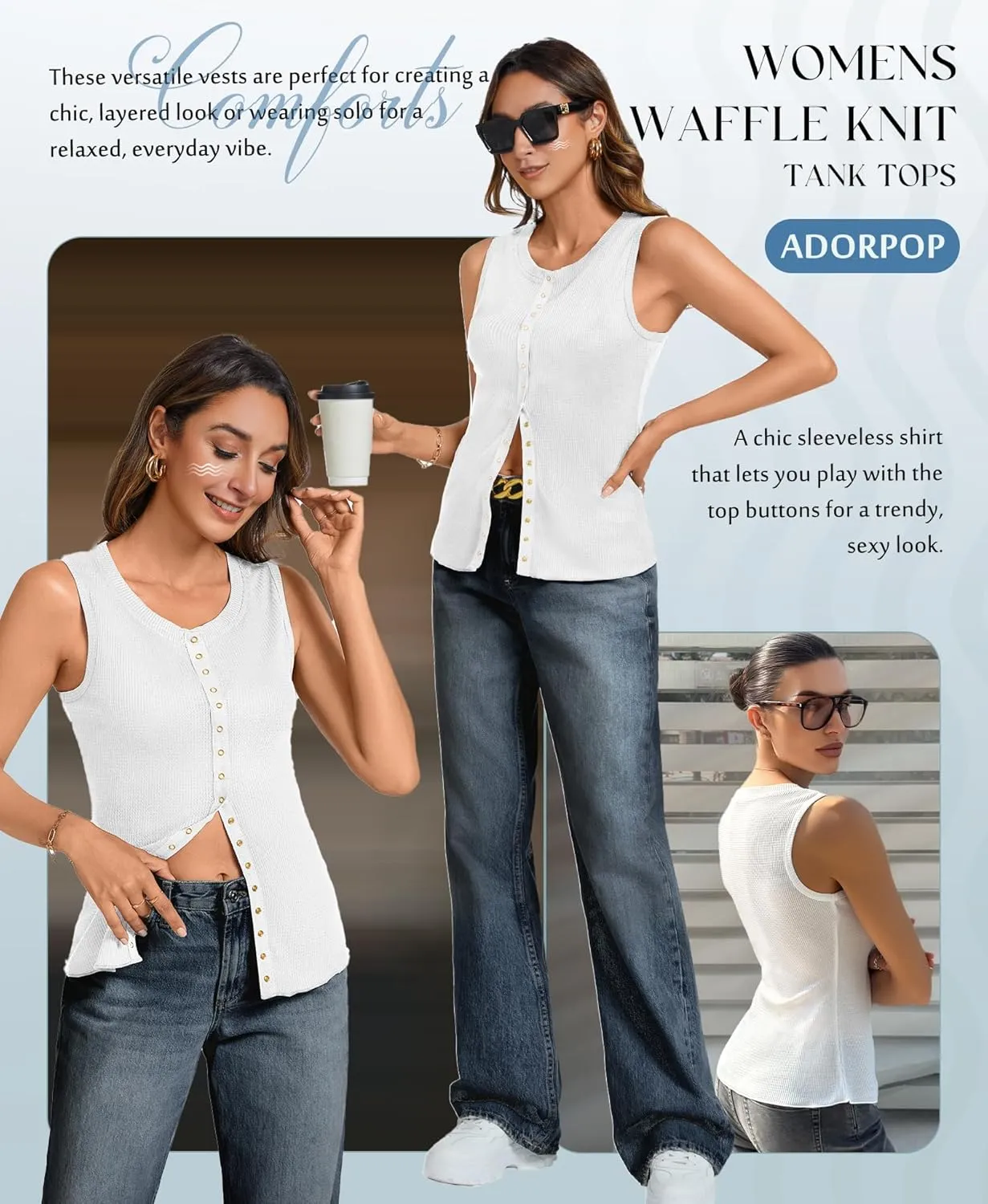 Tank Tops for Women Dressy - Waffle Knit Vest Shirts Snap Button Down Sleeveless Blouse Summer Casual Going Out Top