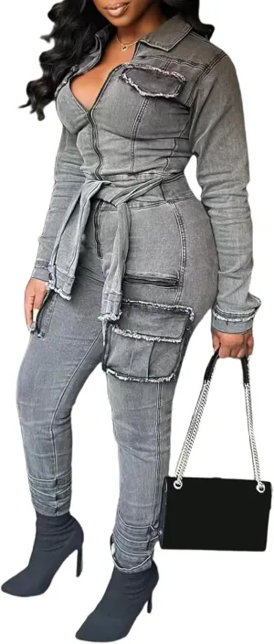 Tbahhir Womens Casual Cargo Jumpsuit Long Sleeve Slim Fit Elastic Denim Belted Romper with Pockets