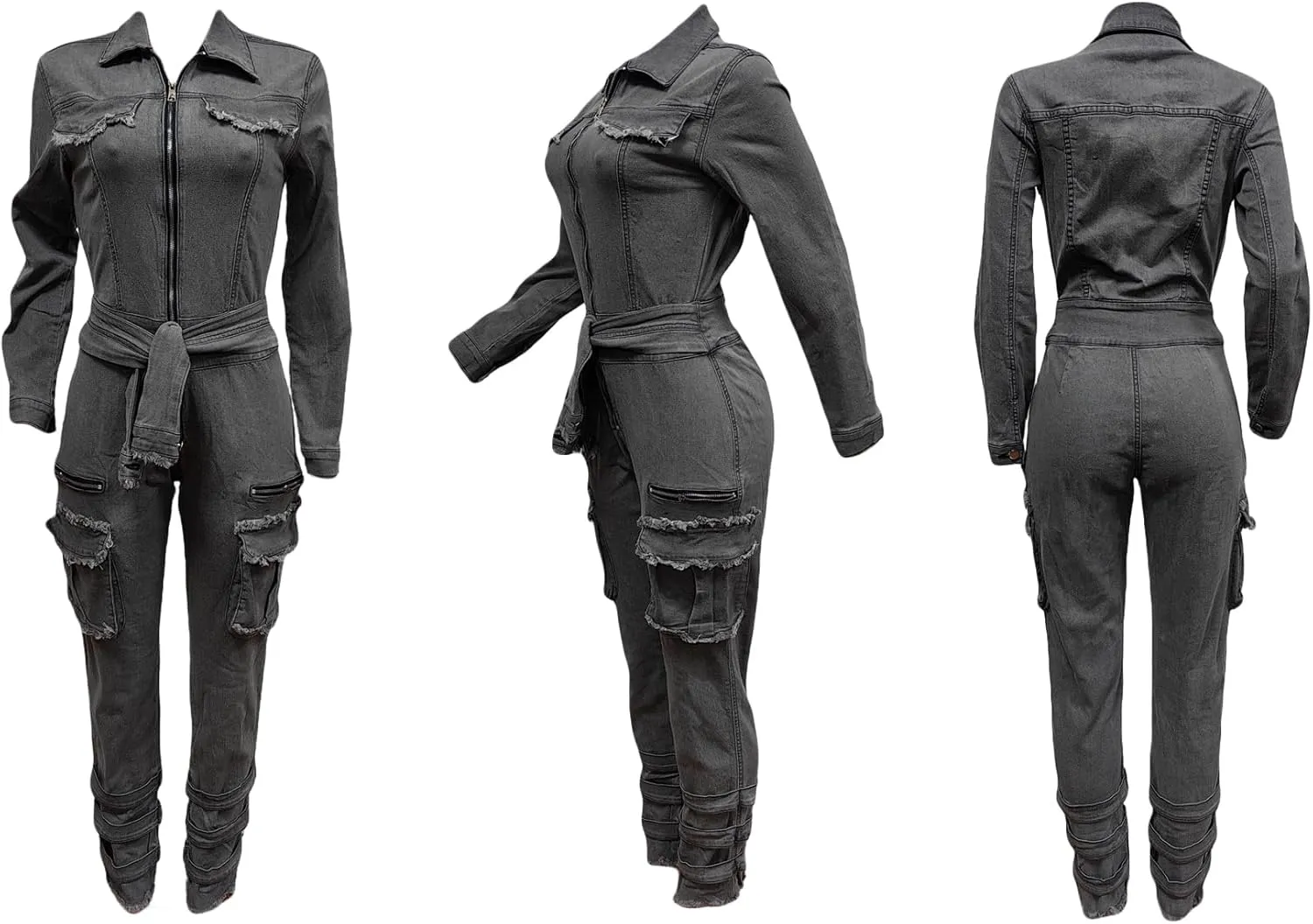 Tbahhir Womens Casual Cargo Jumpsuit Long Sleeve Slim Fit Elastic Denim Belted Romper with Pockets