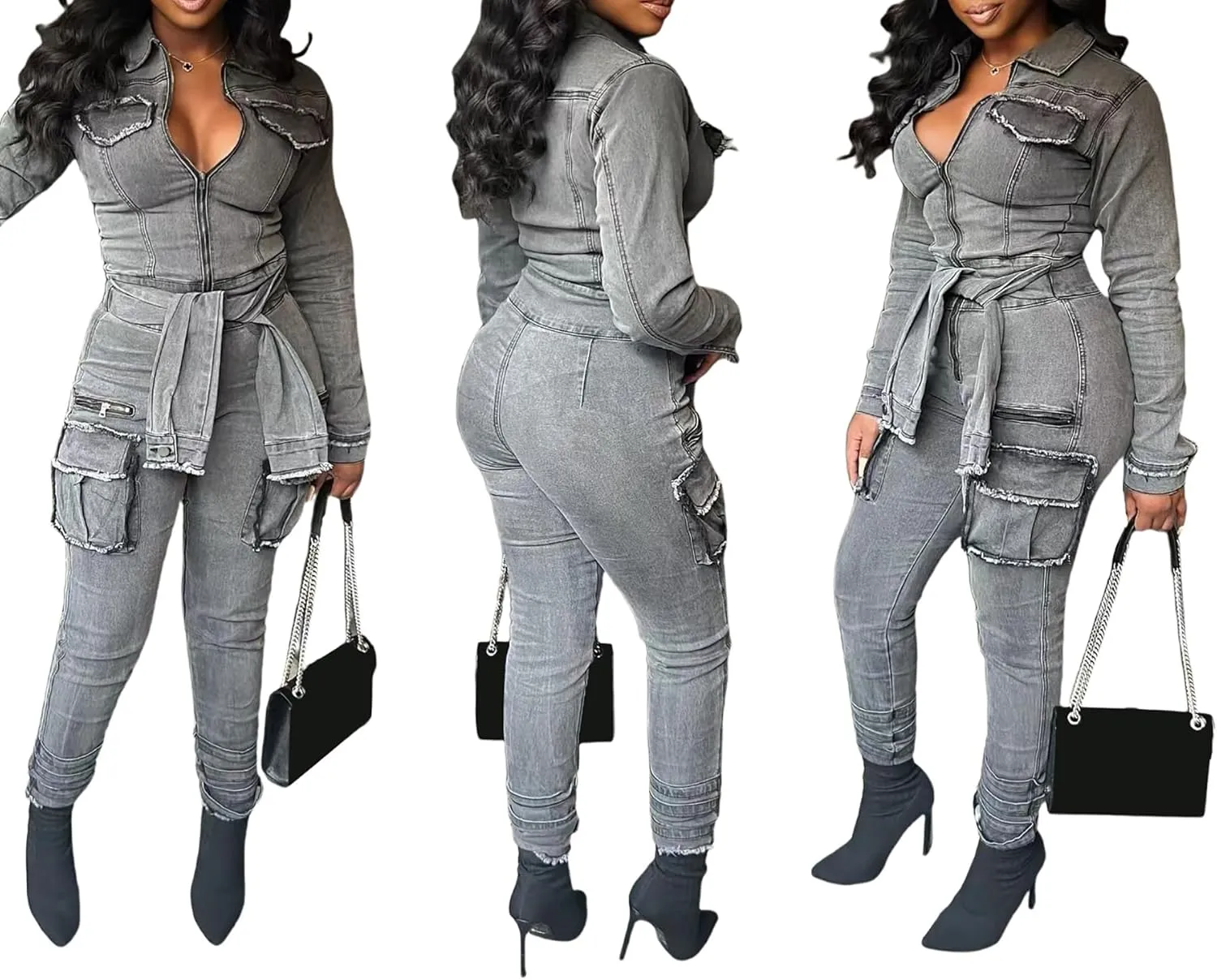 Tbahhir Womens Casual Cargo Jumpsuit Long Sleeve Slim Fit Elastic Denim Belted Romper with Pockets