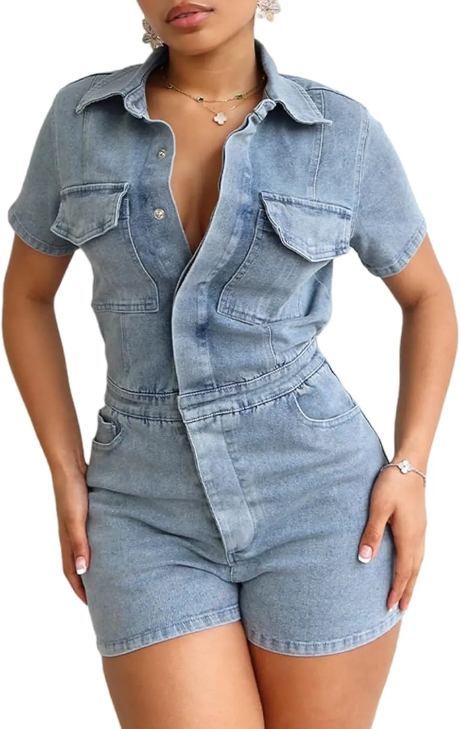 Tbahhir Women's Denim Jumpsuits Casual Short Sleeve Romper One Piece Jumpsuit Shorts Blue Bodycon
