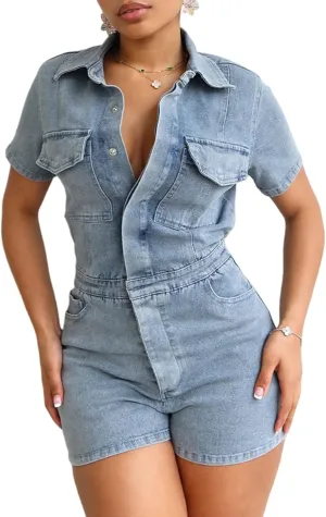 Tbahhir Women's Denim Jumpsuits Casual Short Sleeve Romper One Piece Jumpsuit Shorts Blue Bodycon