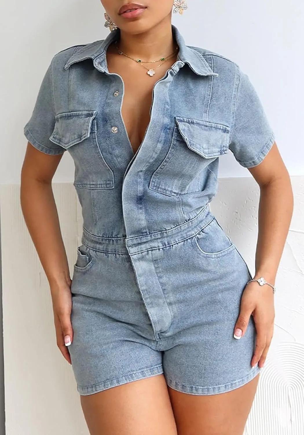 Tbahhir Women's Denim Jumpsuits Casual Short Sleeve Romper One Piece Jumpsuit Shorts Blue Bodycon