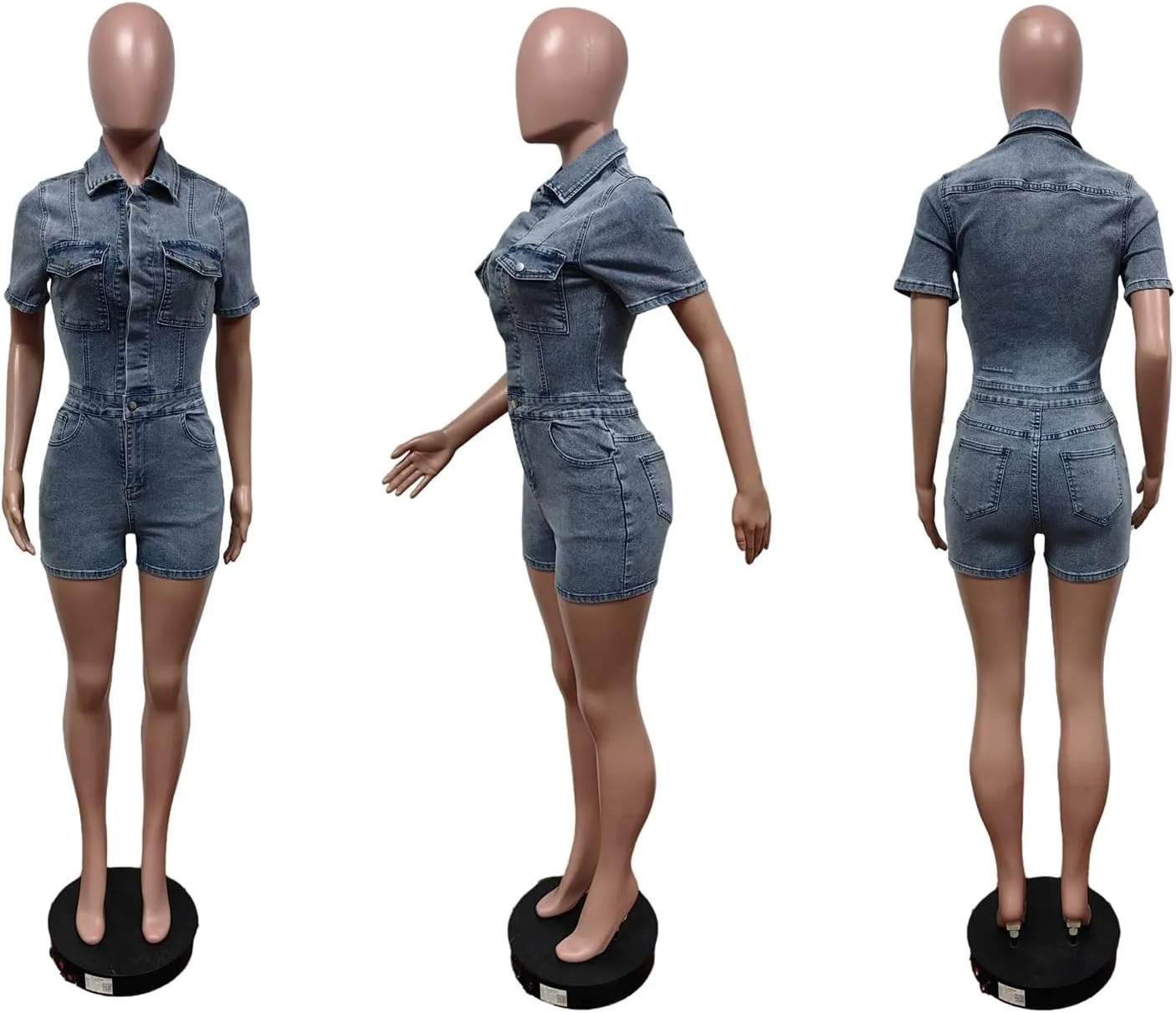 Tbahhir Women's Denim Jumpsuits Casual Short Sleeve Romper One Piece Jumpsuit Shorts Blue Bodycon