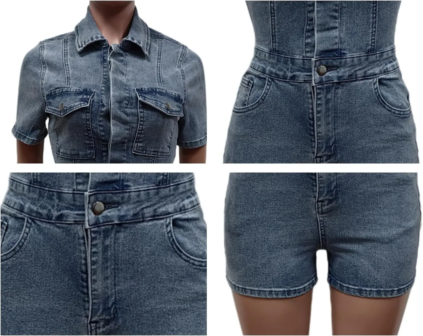 Tbahhir Women's Denim Jumpsuits Casual Short Sleeve Romper One Piece Jumpsuit Shorts Blue Bodycon