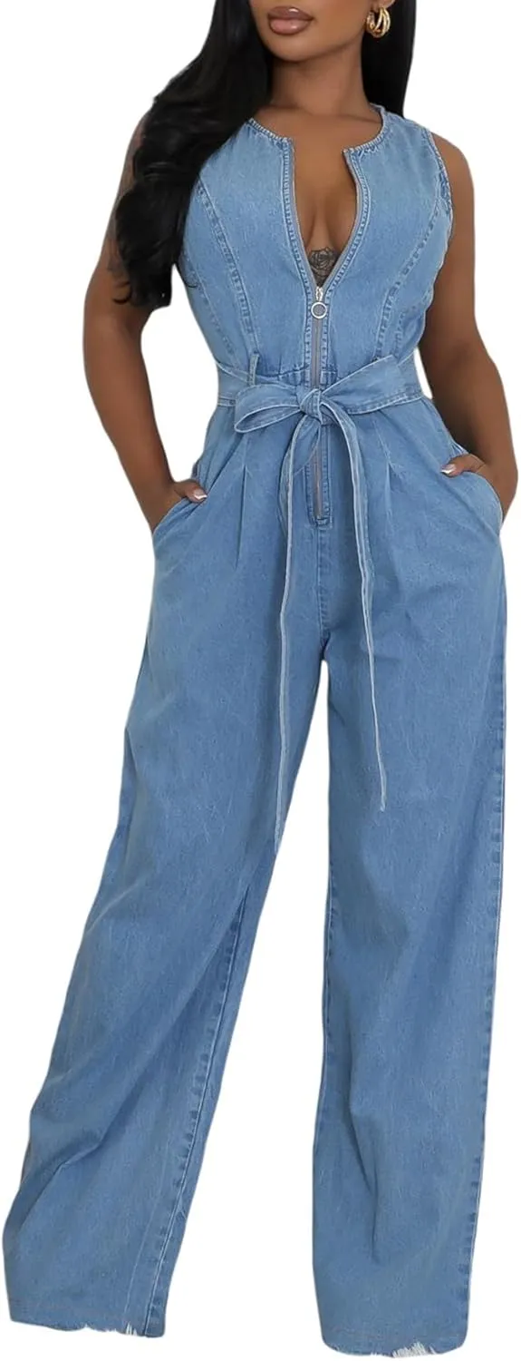 Tbahhir Womens Sleeveless Denim Jumpsuit Bow Tie High Waisted Jumpsuits Wide Leg Romper with Pockets