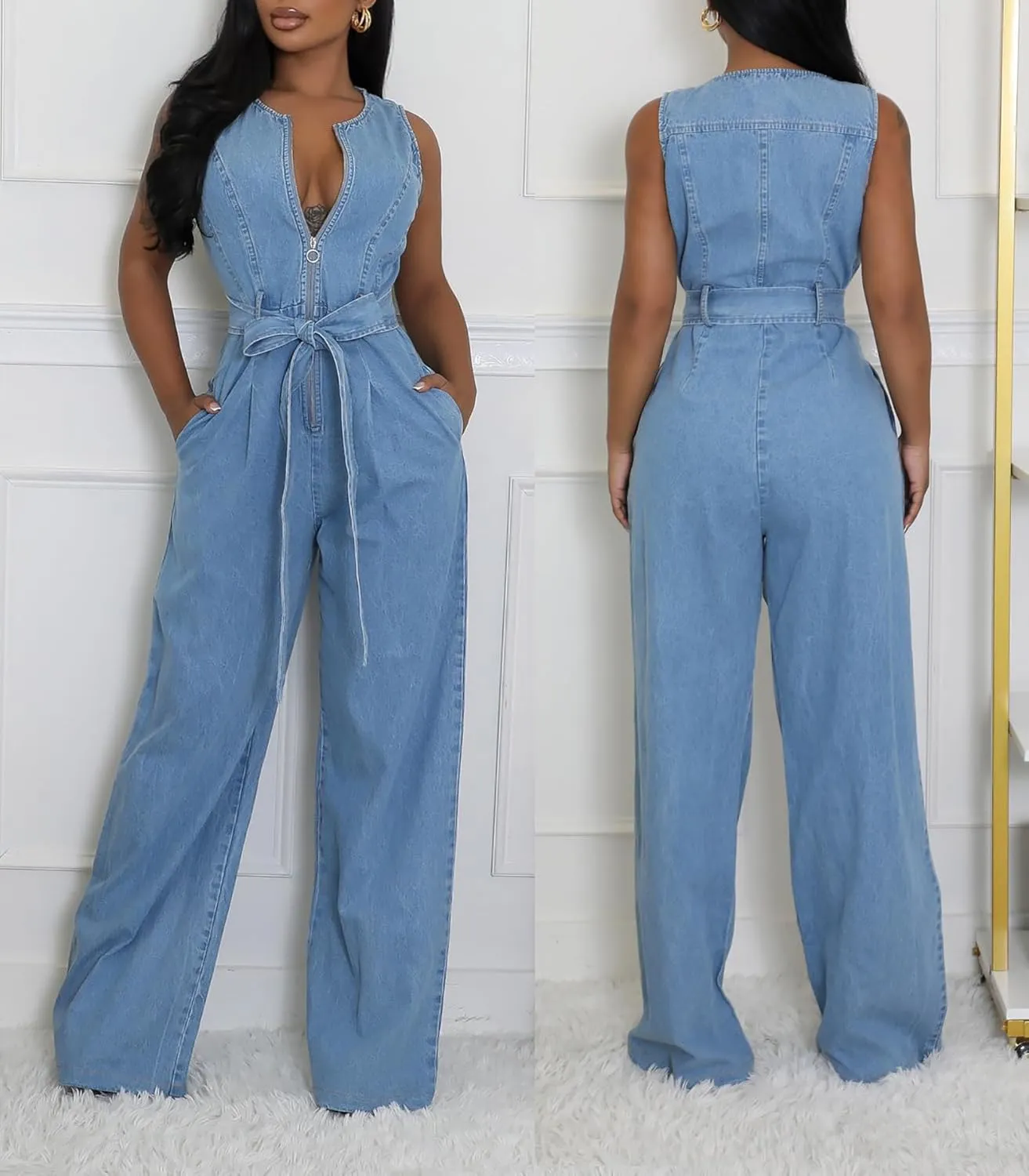 Tbahhir Womens Sleeveless Denim Jumpsuit Bow Tie High Waisted Jumpsuits Wide Leg Romper with Pockets