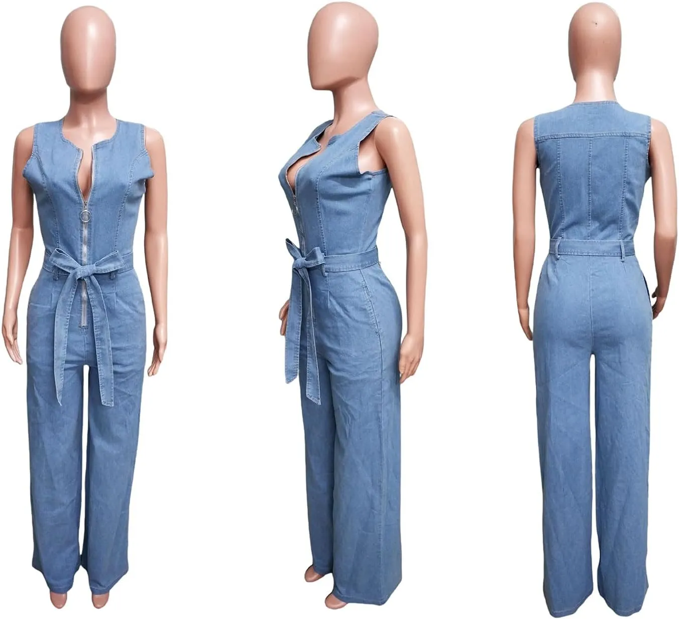 Tbahhir Womens Sleeveless Denim Jumpsuit Bow Tie High Waisted Jumpsuits Wide Leg Romper with Pockets