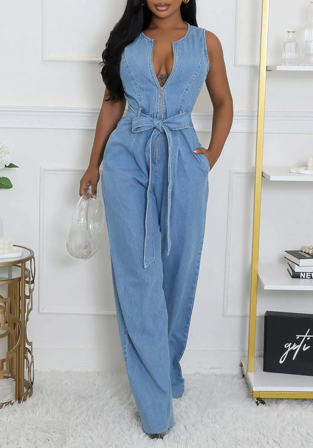 Tbahhir Womens Sleeveless Denim Jumpsuit Bow Tie High Waisted Jumpsuits Wide Leg Romper with Pockets
