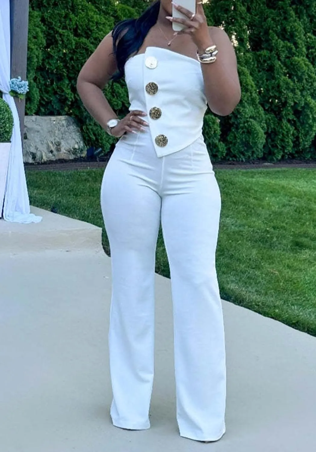 Tcremisa Women's Dressy Strapless Wide Leg Jumpsuit Sexy Tube Off Shoulder Romper Button Irregular One Piece Outfit