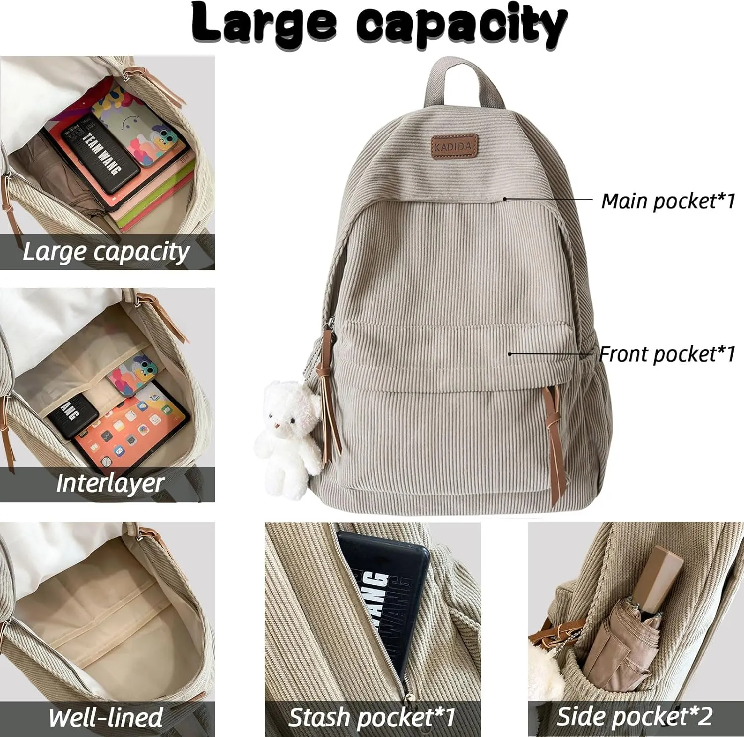 Teclado Kawaii Backpack with Cute Accessories Corduroy Casual Bookbags with Pendants Lightweight Laptop Bag Travel Daypacks (White)