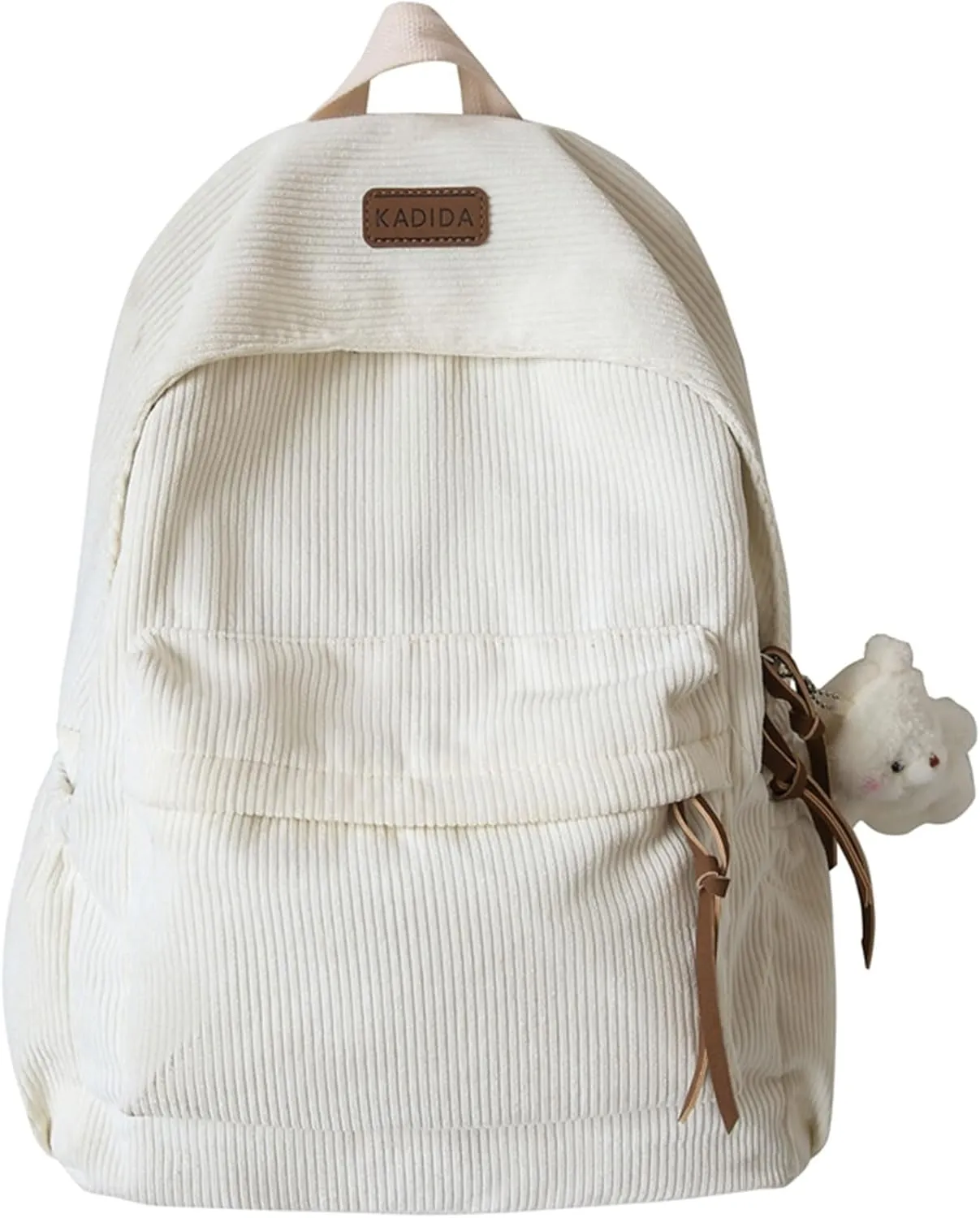 Teclado Kawaii Backpack with Cute Accessories Corduroy Casual Bookbags with Pendants Lightweight Laptop Bag Travel Daypacks (White)