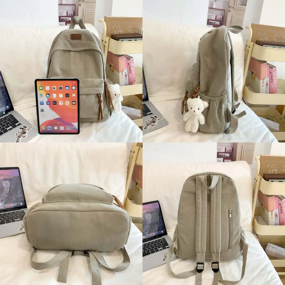 Teclado Kawaii Backpack with Cute Accessories Corduroy Casual Bookbags with Pendants Lightweight Laptop Bag Travel Daypacks (White)