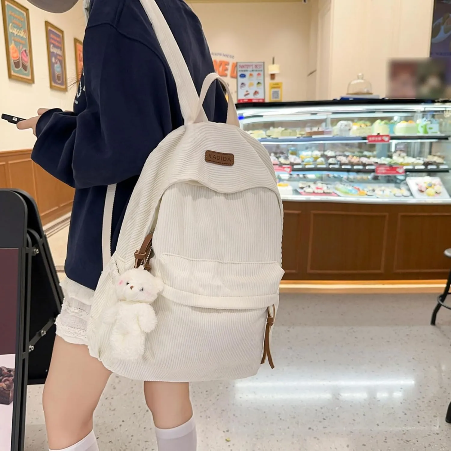 Teclado Kawaii Backpack with Cute Accessories Corduroy Casual Bookbags with Pendants Lightweight Laptop Bag Travel Daypacks (White)