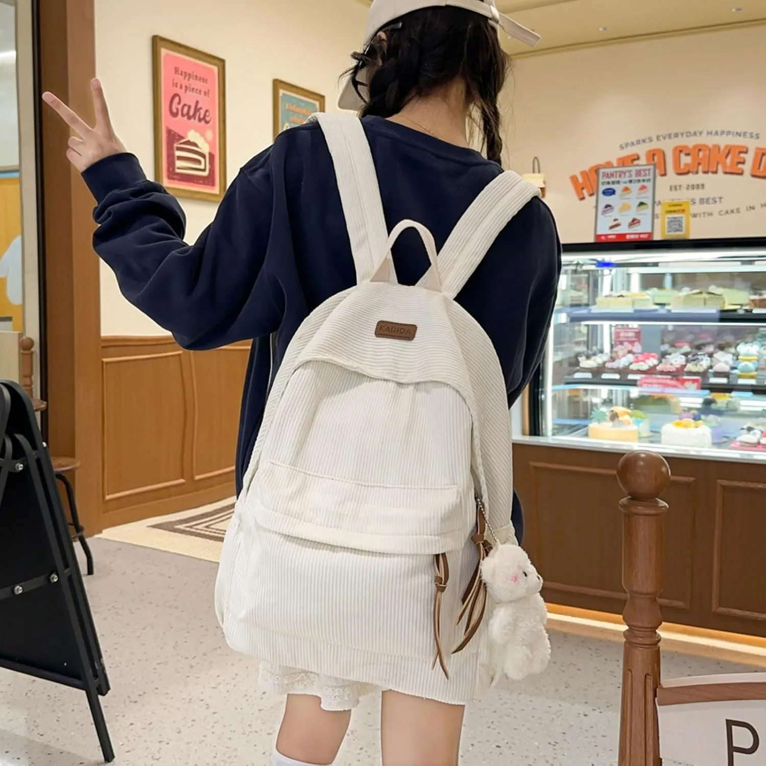 Teclado Kawaii Backpack with Cute Accessories Corduroy Casual Bookbags with Pendants Lightweight Laptop Bag Travel Daypacks (White)