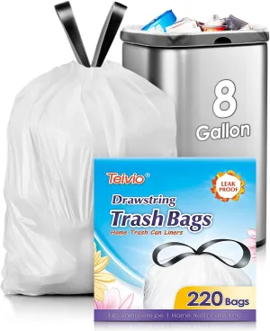 Teivio 8 Gallon 220 Counts Strong Drawstring Trash Bags Garbage Bags, Medium Kitchen Trash Can Bathroom Bin Liners, Plastic Trash Bags for Home Office Kitche, White