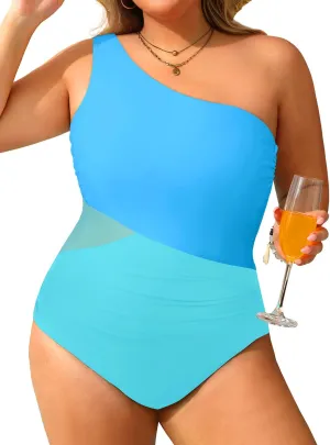 Tempt Me Plus Size One Piece Swimsuit One Shoulder Bathing Suit Color Block Tummy Control Swimwear