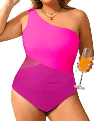 Tempt Me Plus Size One Piece Swimsuit One Shoulder Bathing Suit Color Block Tummy Control Swimwear