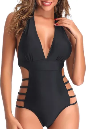 Tempt Me Women One Piece Swimsuits Sexy Cutout Bathing Suits Plunge Halter Swimwear Deep V Neck Monokini