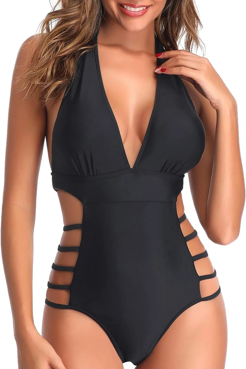 Tempt Me Women One Piece Swimsuits Sexy Cutout Bathing Suits Plunge Halter Swimwear Deep V Neck Monokini