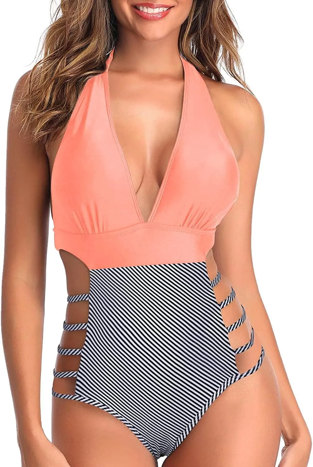 Tempt Me Women One Piece Swimsuits Sexy Cutout Bathing Suits Plunge Halter Swimwear Deep V Neck Monokini