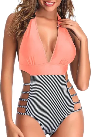 Tempt Me Women One Piece Swimsuits Sexy Cutout Bathing Suits Plunge Halter Swimwear Deep V Neck Monokini