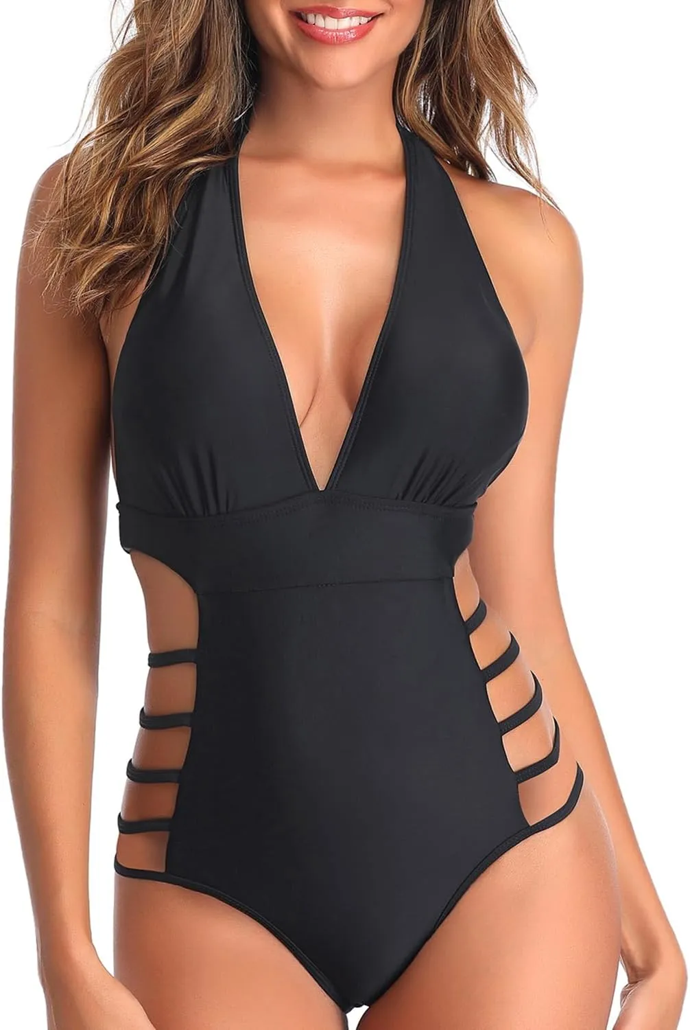 Tempt Me Women One Piece Swimsuits Sexy Cutout Bathing Suits Plunge Halter Swimwear Deep V Neck Monokini