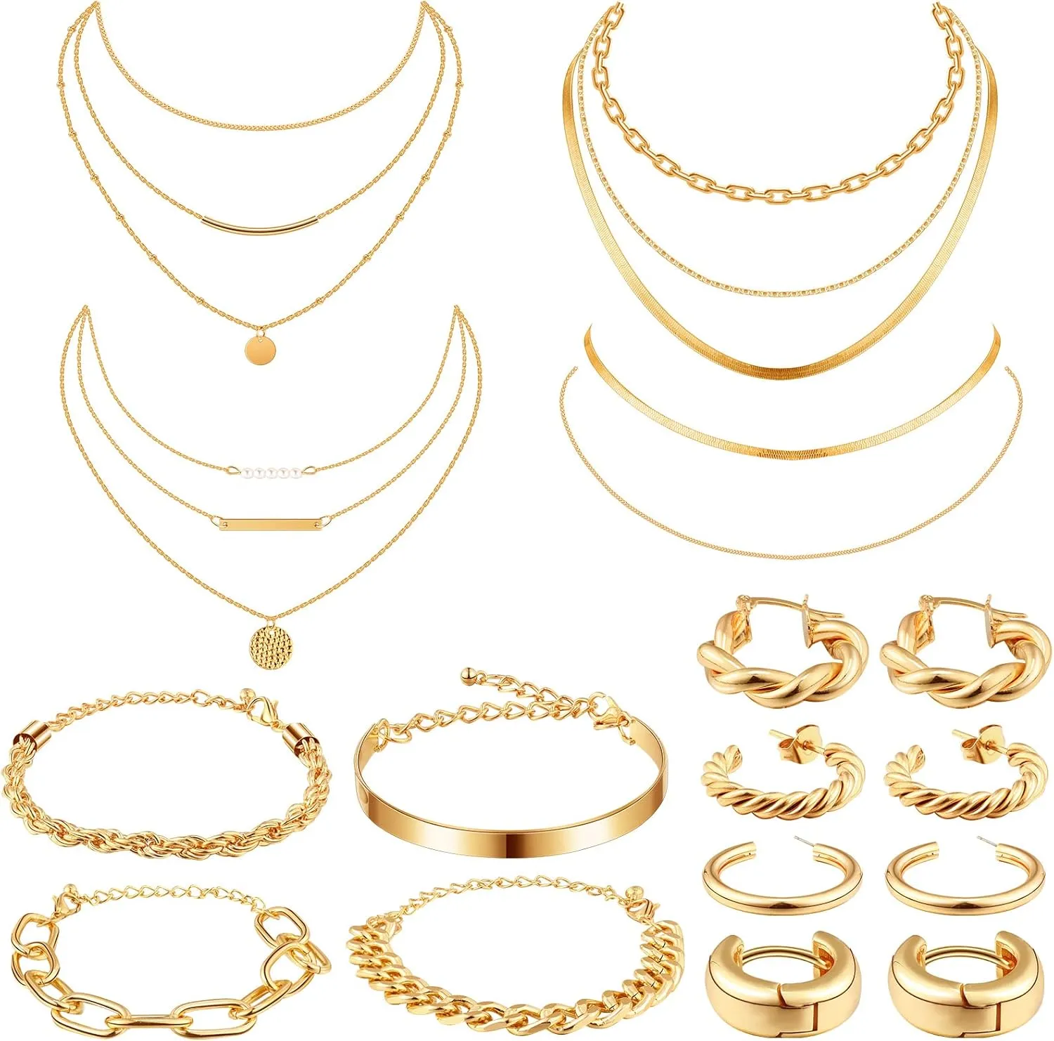Tiamon 12 Pcs Gold Silver Jewelry Sets for Women Layered Set of Earring Necklace Bracelets for Men Jewelry Gifts