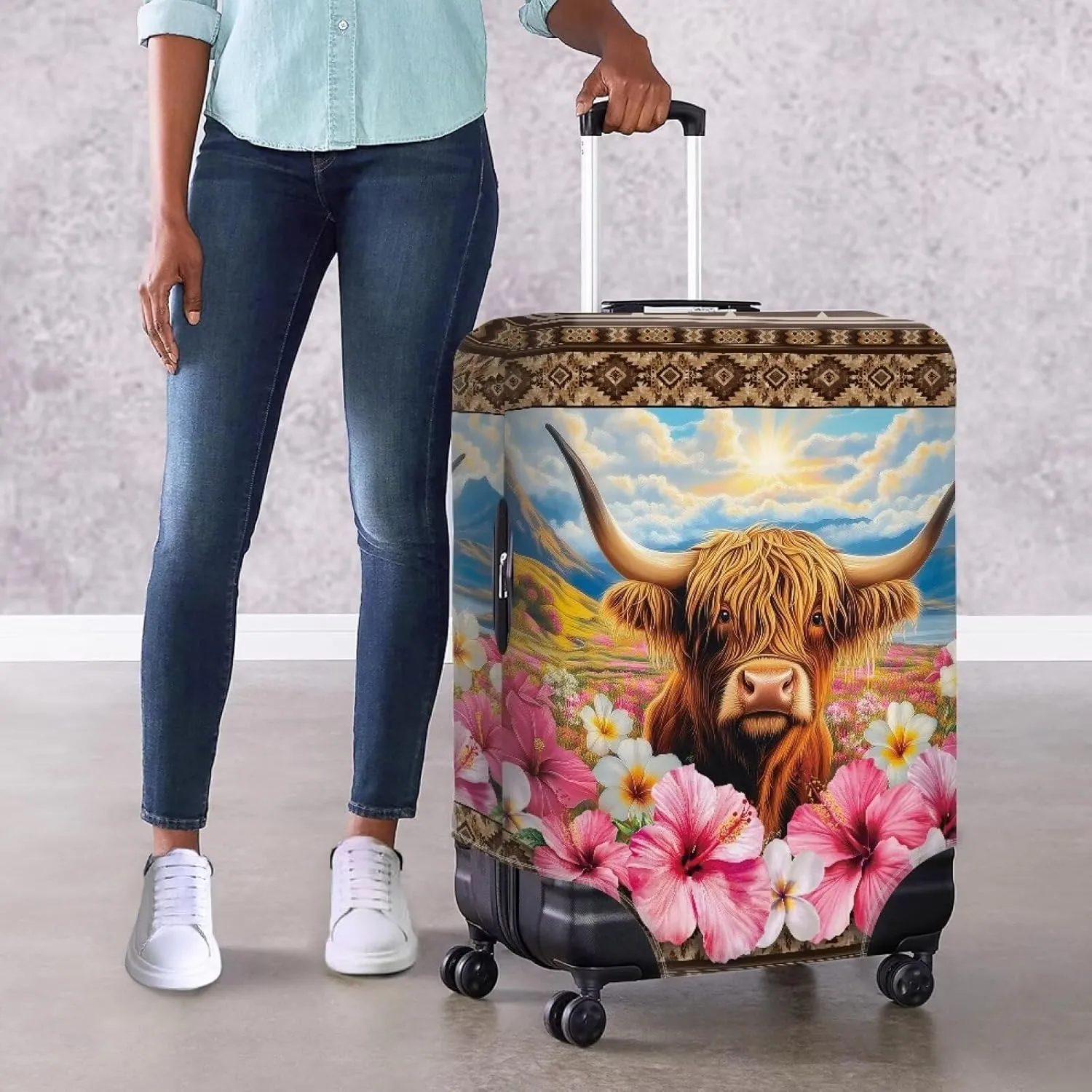 Travel Suitcase Cover Elastic Luggage Cover Anti Scratch Luggage Protector Baggage Covers Suitcase Accessories,Aztec Highland Cow
