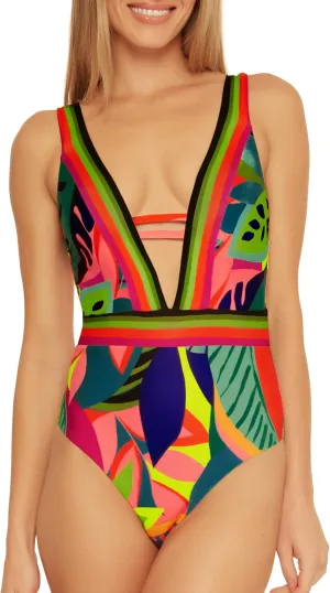 Trina Turk Women's Rainforest High Leg One Piece Swimsuit, Plunge V-Neck, Tropical Print, Bathing Suits