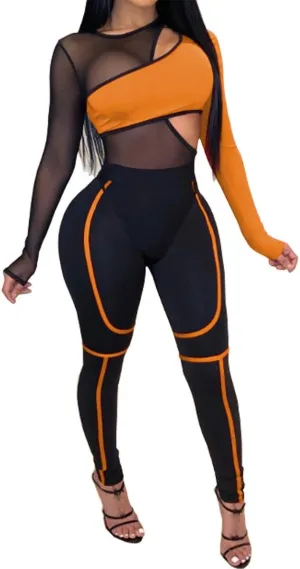 Uni Clau Women's Sheer Mesh Two Piece Jumpsuits See Through Long Sleeve Bodysuit Skinny Long Pants Club Romper