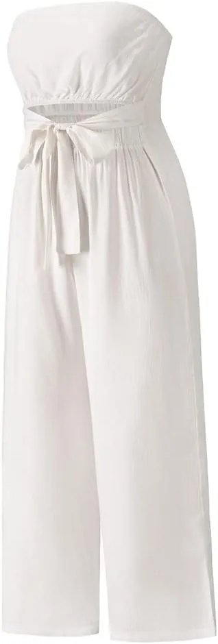 utcoco Women's Summer Sexy Jumpsuit Strapless Off Shoulder Tie Waist Wide Leg Pants Rompers