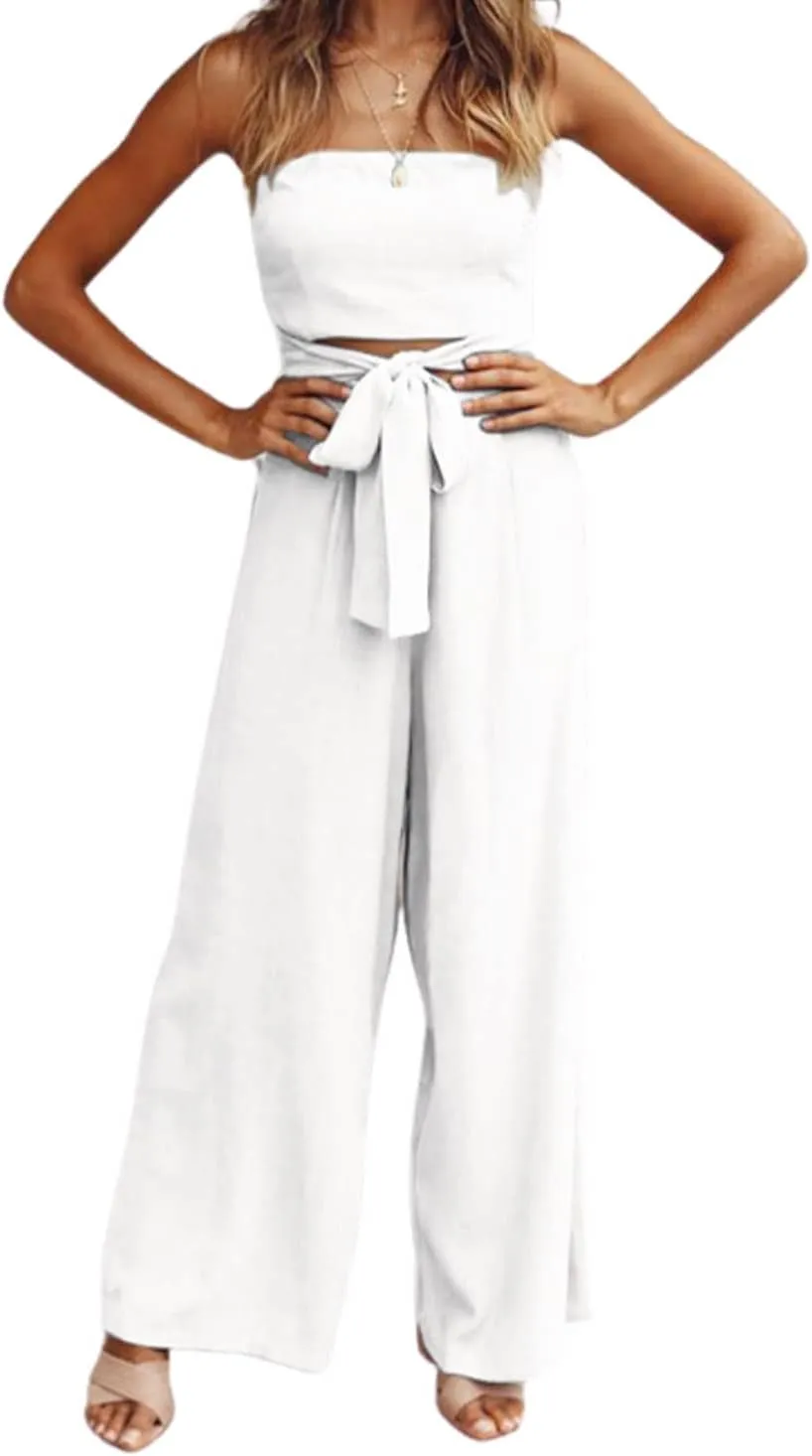 utcoco Women's Summer Sexy Jumpsuit Strapless Off Shoulder Tie Waist Wide Leg Pants Rompers