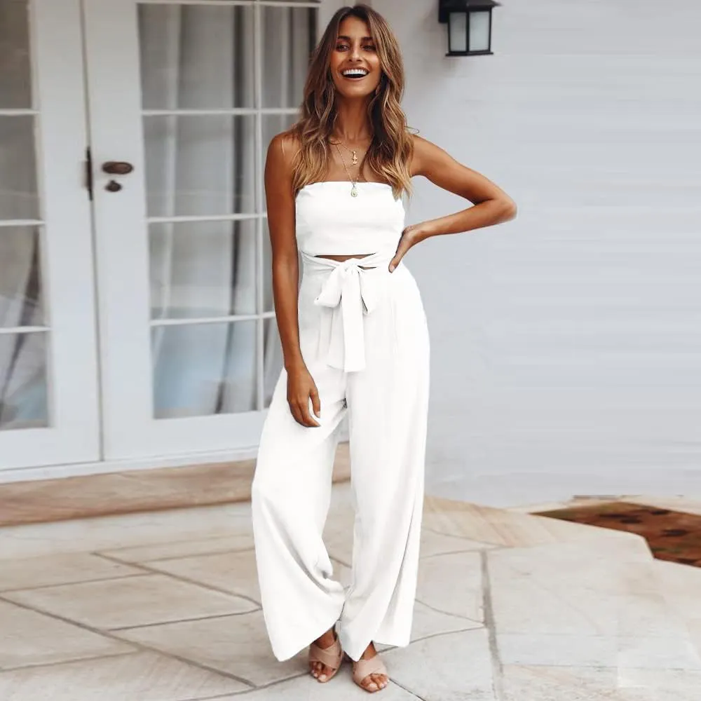 utcoco Women's Summer Sexy Jumpsuit Strapless Off Shoulder Tie Waist Wide Leg Pants Rompers