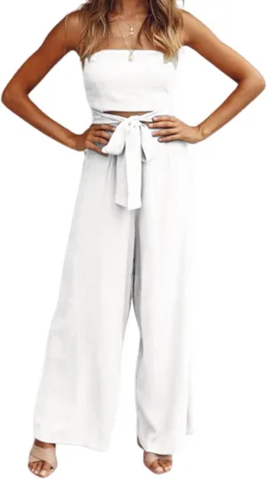utcoco Women's Summer Sexy Jumpsuit Strapless Off Shoulder Tie Waist Wide Leg Pants Rompers