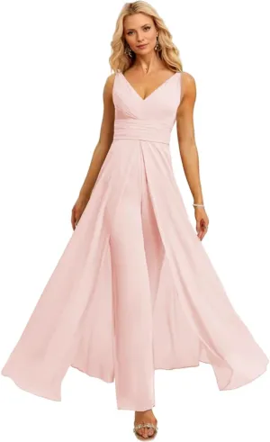 V Neck Chiffon Bridesmaid Jumpsuits with Slit Ruched Wedding Guest Pantsuits