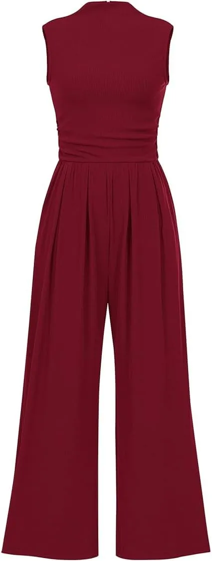 VECVOC Womens Summer Jumpsuits One Piece Outfits Sleeveless Overall Wide Leg Pants Rompers with Pockets