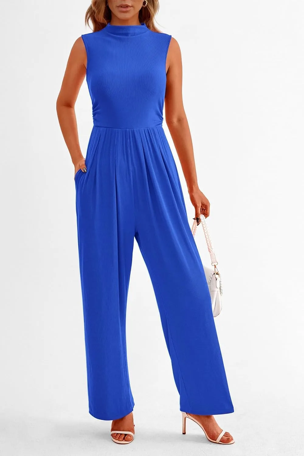 VECVOC Womens Summer Jumpsuits One Piece Outfits Sleeveless Overall Wide Leg Pants Rompers with Pockets