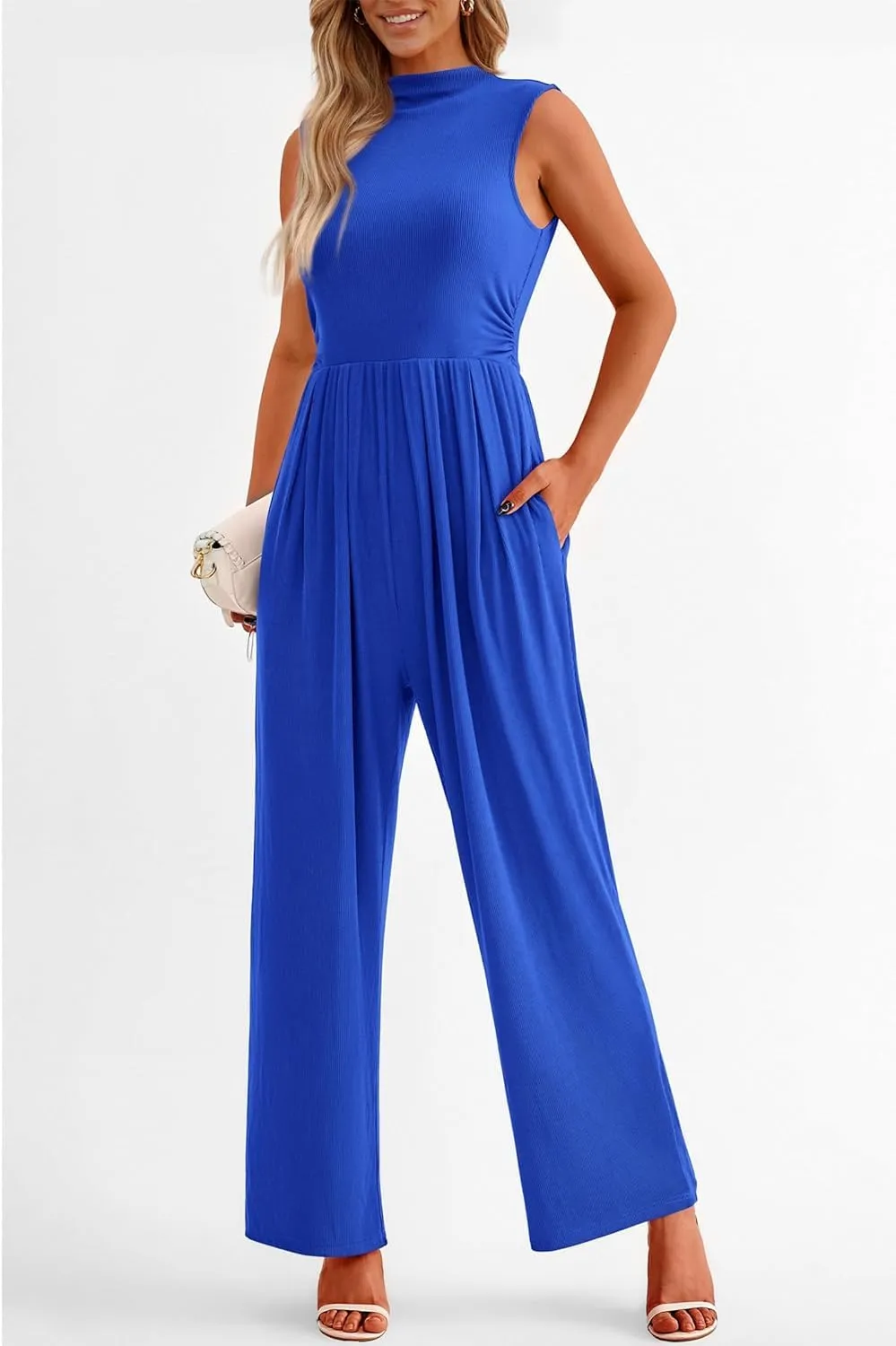 VECVOC Womens Summer Jumpsuits One Piece Outfits Sleeveless Overall Wide Leg Pants Rompers with Pockets
