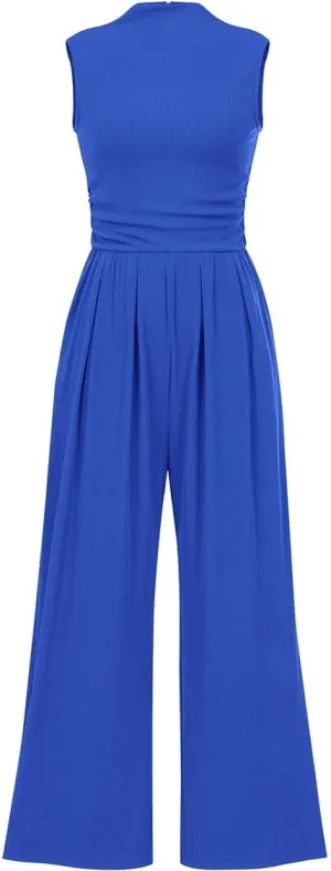 VECVOC Womens Summer Jumpsuits One Piece Outfits Sleeveless Overall Wide Leg Pants Rompers with Pockets