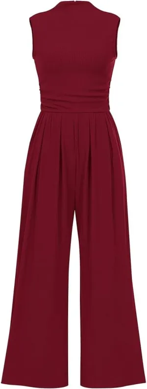 VECVOC Womens Summer Jumpsuits One Piece Outfits Sleeveless Overall Wide Leg Pants Rompers with Pockets
